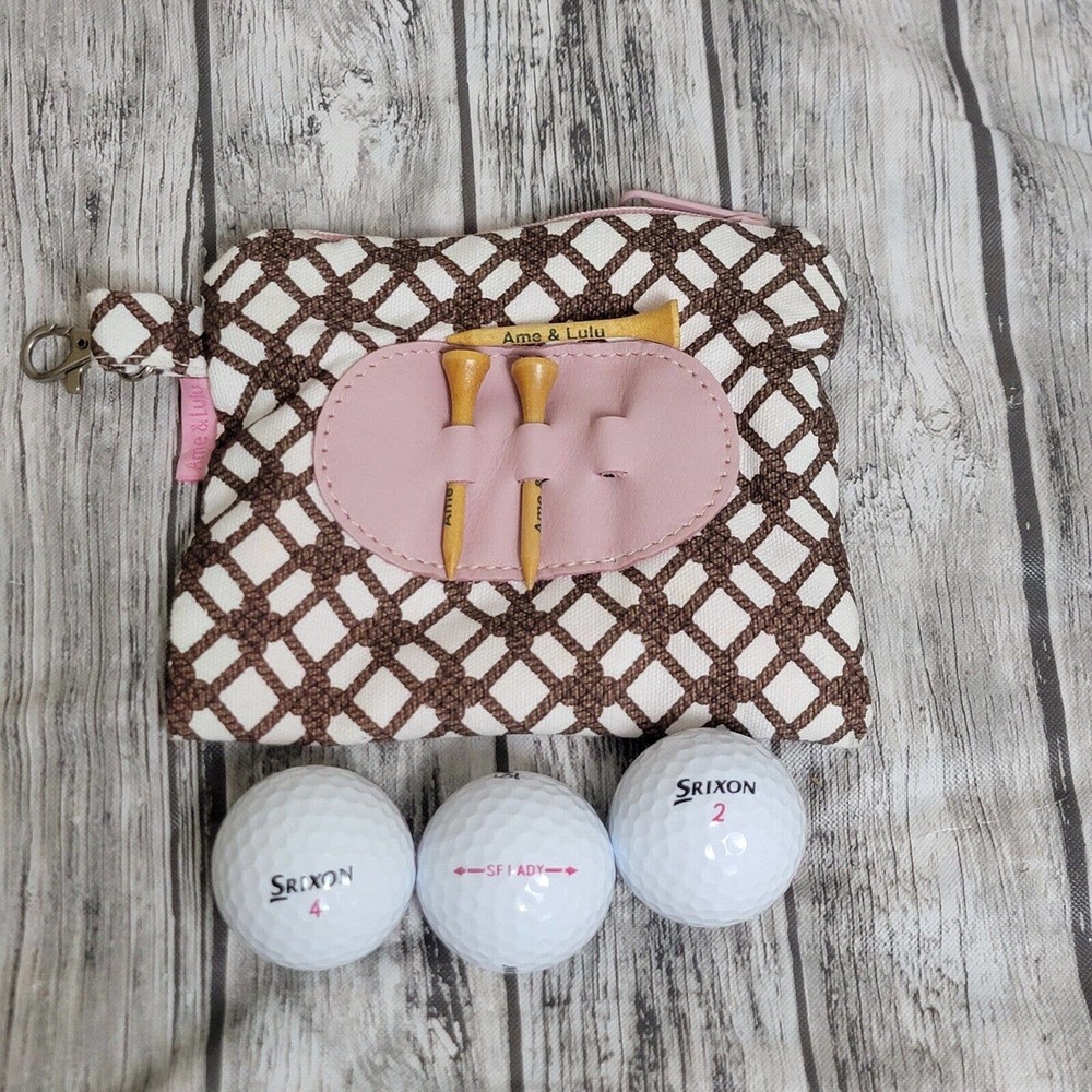 Ame & Lulu Golf Tee Pouch Bag Clip On Brown White Pink w/ Tees and Srixon Balls